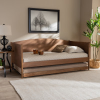 Baxton Studio MG0016-Ash Walnut-Daybed with Trundle Veles Mid-Century Modern Ash Wanut Finished Wood Daybed with Trundle